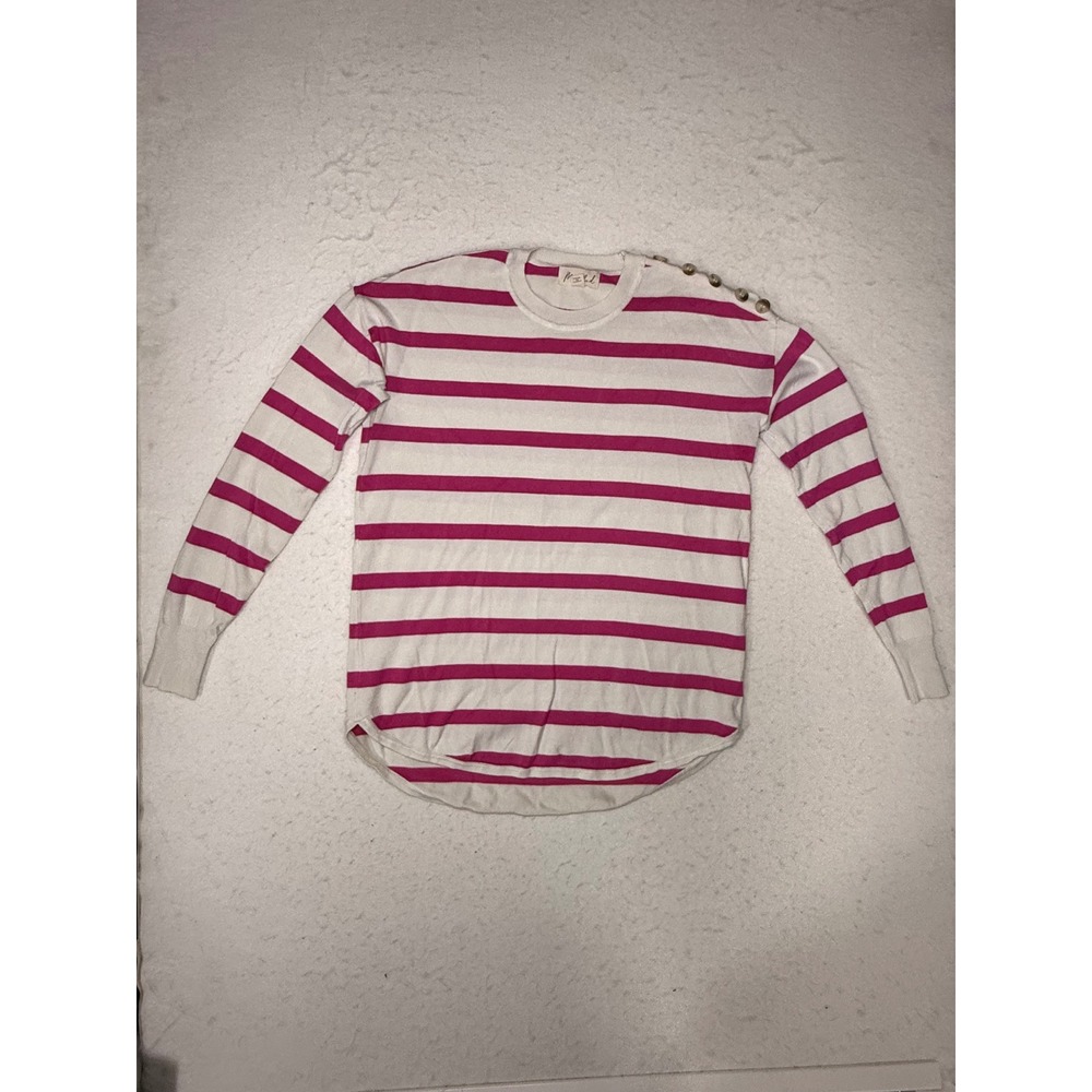 Marled Womens Striped Long Sleeve Button Shoulder Knit Top Pink White